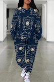 Brown Casual Letters Faux Denim Print O Neck Long Sleeve Sweatshirt And Draw String Pocket Pants Sportwear Two Pieces Jogger Sets