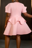 Pink Formal Evening Party Prom 3D Flowers Decor Patchwork Square Neck Short Sleeve Ruffle Hem A Line Mini Flowy Dresses