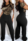 Black Leopard Formal Office Sequin Evening Party Gown See-Through V Neck Short Sleeve Fitted Jumpsuits