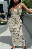 Light Pink Floral Print Sleeveless Backless Spaghetti Strap Casual Outing Vacation Bodycon Cami Maxi Dress