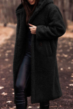 Brown Street Pocket Hooded Collar Long Sleeve Fall Winter Longline Woolen Coat