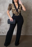 Leopard Formal Office Sequin Evening Party Gown V Neck Puff Sleeve Fitted Jumpsuits