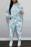 Green Floral Print Long Sleeve Hoodies and Pencil Sweatpants Sportwear Casual Fall Winter Two Pieces Tracksuit Sets