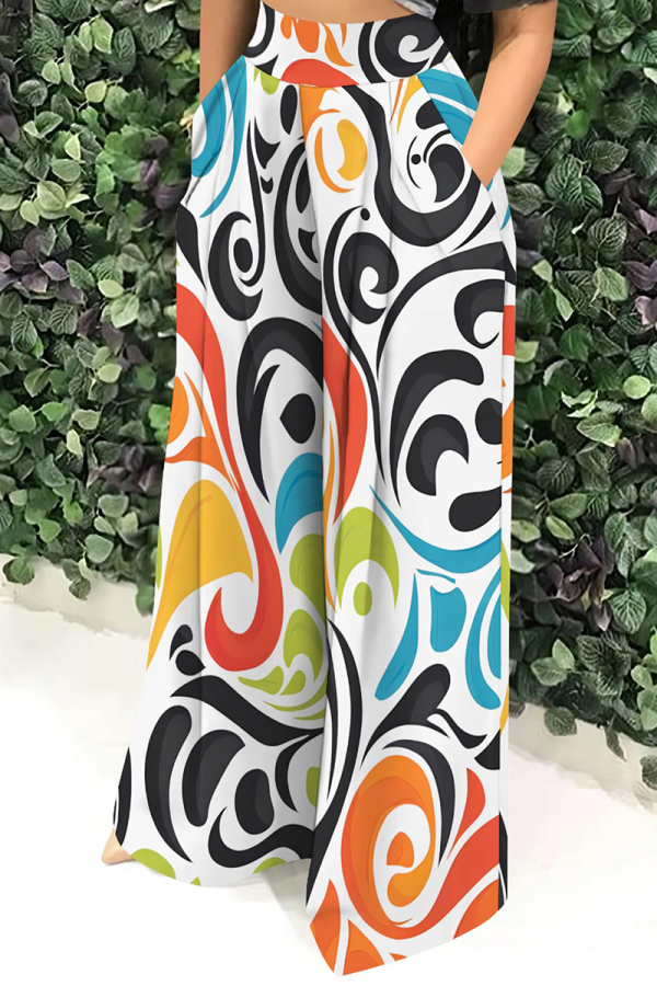 White Casual Bobo Print Pocket Loose High Waist Vacation Wide Leg Pants