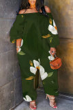 Light Khaki Casual Graphics Print Off Shoulder Long Sleeve Vacation Loose Harem Jumpsuit