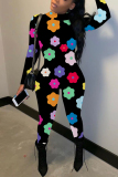 Black Casual Outing Graphics Print Basic Half A Turtleneck Long Sleeve Skinny Jumpsuits