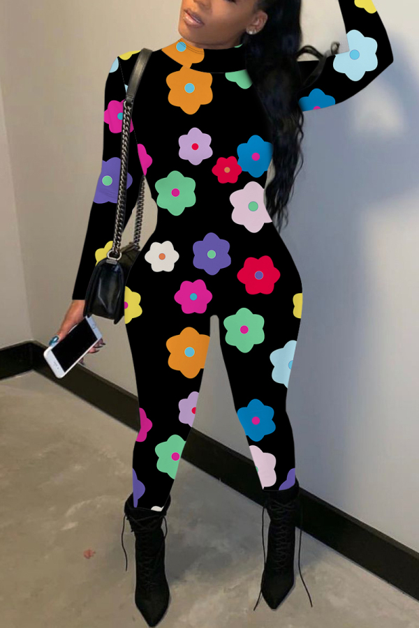 Black Casual Outing Graphics Print Basic Half A Turtleneck Long Sleeve Skinny Jumpsuits
