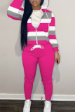 Rose Red Casual Sportwear Striped Print Zipper Hooded Long Sleeve Jackets And Sweatpants Two Pieces Jogger Sets
