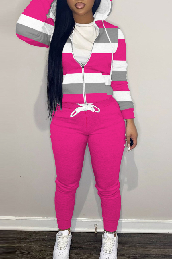 Rose Red Casual Sportwear Striped Print Zipper Hooded Long Sleeve Jackets And Sweatpants Two Pieces Jogger Sets