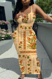 Light Pink Floral Print Sleeveless Backless Spaghetti Strap Casual Outing Vacation Bodycon Cami Maxi Dress