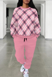 Light Khaki Casual Plaid Ombre Print Pocket Lace Up O Neck Long Sleeve Sweatshirt And Pants Sportwear Two Pieces Jogger Sets