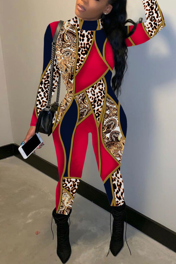 Casual Outing Leopard Print Basic Half A Turtleneck Long Sleeve Skinny Jumpsuits