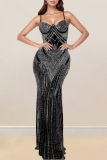 Black Formal Evening Party Prom Hot Drilling Backless See-through Mesh Spaghetti Strap Long Maxi Slip Dresses