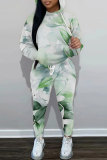 Green Floral Print Long Sleeve Hoodies and Pencil Sweatpants Sportwear Casual Fall Winter Two Pieces Tracksuit Sets
