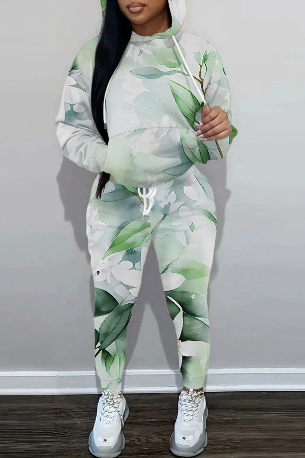 Green Floral Print Long Sleeve Hoodies and Pencil Sweatpants Sportwear Casual Fall Winter Two Pieces Tracksuit Sets