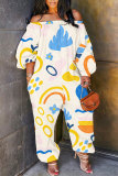 Light Khaki Casual Graphics Print Off Shoulder Long Sleeve Vacation Loose Harem Jumpsuit