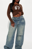 Navy Blue Casual Outing Digital Print Basic O Neck Long Sleeve Crop Tops