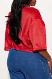 Red Casual Outing Sportwear Lace Letter Print Patchwork V Neck Half Sleeve Oversize Crop T-Shirts
