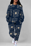 Brown Casual Letters Faux Denim Print O Neck Long Sleeve Sweatshirt And Draw String Pocket Pants Sportwear Two Pieces Jogger Sets