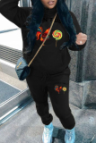 Grey Sportwear Casual Letter Cock Print Hooded Long Sleeve Sweatshirt and Sweatpants Fall Winter Two Pieces Tracksuit Sets