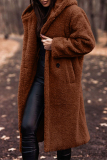 Brown Street Pocket Hooded Collar Long Sleeve Fall Winter Longline Woolen Coat