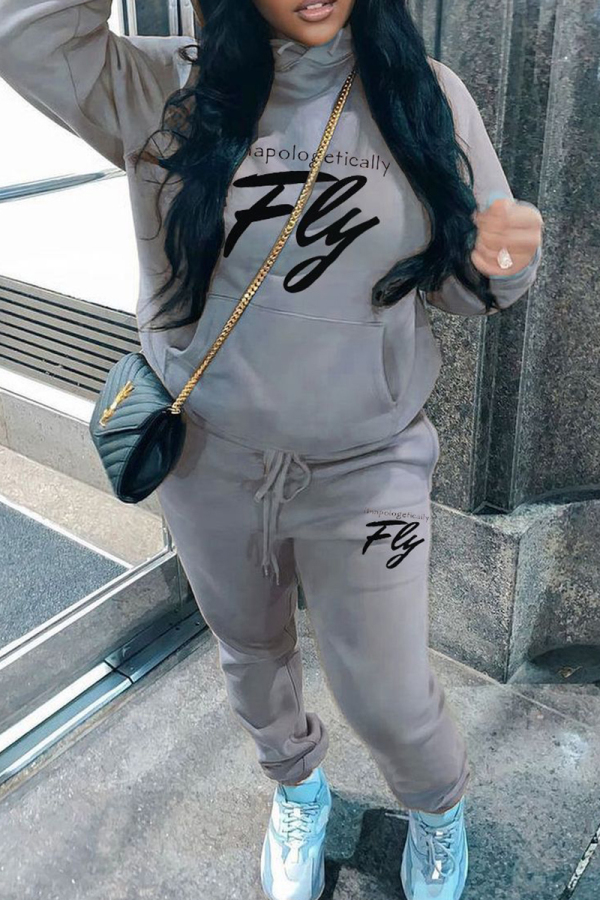 Grey Sportwear Casual Letter Print Hooded Long Sleeve Sweatshirt and Sweatpants Fall Winter Two Pieces Tracksuit Sets