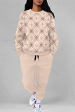 Light Khaki Casual Plaid Ombre Print Pocket Lace Up O Neck Long Sleeve Sweatshirt And Pants Sportwear Two Pieces Jogger Sets