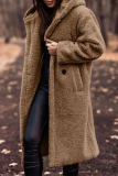 Brown Street Pocket Hooded Collar Long Sleeve Fall Winter Longline Woolen Coat