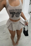 Khaki Casual Outing Sportwear Hot Digital Letter Print U Neck Sleeveless Tank Crop Tops And Pleated Mini Skirt Two Pieces Dress Sets