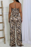 Casual Leopard Print Patchwork Backless Strapless Tube Crop Tops And Wide Leg Pants Two Pieces Trouser Sets