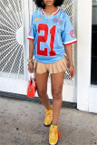 Blue Casual Outing Sportwear Digital Letter Print Patchwork V Neck Half Sleeve Oversize T-Shirts