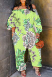 Light Khaki Casual Graphics Print Off Shoulder Long Sleeve Vacation Loose Harem Jumpsuit