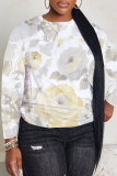 White Gray Casual Outing Floral Print O Neck Long Sleeve Fall Winter Sweater