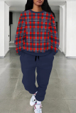 Light Khaki Casual Plaid Ombre Print Pocket Lace Up O Neck Long Sleeve Sweatshirt And Pants Sportwear Two Pieces Jogger Sets