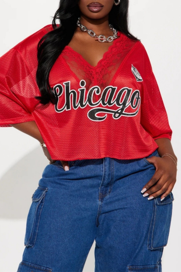 Red Casual Outing Sportwear Lace Letter Print Patchwork V Neck Half Sleeve Oversize Crop T-Shirts