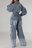 Blue Casual Turndown Collar Long Sleeve Pocket Buckle With Belt Wide Leg Denim Cargo Jumpsuits