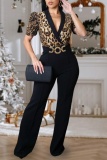 Leopard Formal Office Sequin Evening Party Gown V Neck Puff Sleeve Fitted Jumpsuits