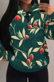Apricot Casual Fruit Print Long Sleeve Draw String Pocket Fall Winter Hooded Sweatshirt