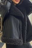 Black Casual Turndown Collar Long Sleeve Faux Shearling Trim Cozy Winter Wear PU Leather Jacket