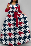 Orange Geometric Print Deep V Neck 3/4 Sleeve Strap Design Belted Floor Length Plus Size Vacation Loose A Line Maxi Dress