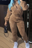 Camel Half-Zip Collar Long Sleeve Plush Sweatshirt and igh-Waisted Pants Casual Loungewear Two-pieces Trousers Sets