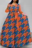 Orange Geometric Print Deep V Neck 3/4 Sleeve Strap Design Belted Floor Length Plus Size Vacation Loose A Line Maxi Dress