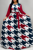 Orange Geometric Print Deep V Neck 3/4 Sleeve Strap Design Belted Floor Length Plus Size Vacation Loose A Line Maxi Dress