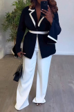Black and White Trim Turndown Collar Long Sleeve Blazer Jackets and Wide Leg Pants Formal Office Wear Two Pieces Suit Sets