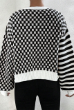 Black Casual Outing Plaid Print Weave V Neck Long Sleeve Button-Down Knitted Sweater Coats for Ladies