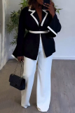Black and White Trim Turndown Collar Long Sleeve Blazer Jackets and Wide Leg Pants Formal Office Wear Two Pieces Suit Sets