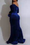 Blue Off Shoulder Long Sleeve High Side Slit with Long Trailing Ruched Formal Evening Party Gown Bodycon Prom Velvet Maxi Dresses