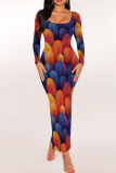 Navy Blue Leaf Print U Neck Long Sleeve Slim Fit Party Club Wear Bodycon Maxi Dresses
