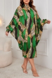 Green Graphics Print Half A Turtleneck with Cut-Out Batwing Sleeve Plus Size Casual Vacation Straight Loose Midi Dresses