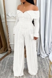 White Pleated Texture Off-Shoulder Long Sleeve Crop Tops and Wide-Leg Pants Formal Evening Two Pieces Trouser Sets